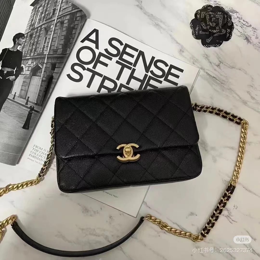 95新 Chanel/香奈儿 艾瑟尔奢品/22p黑金荔枝皮方胖子单肩包/khk2