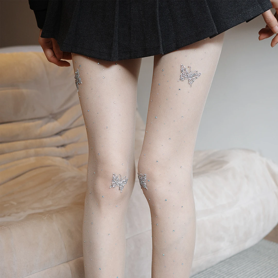 夜间教习室立体蝴蝶烫钻丝袜女秋冬连裤袜性感薄款美肤袜纯欲白丝