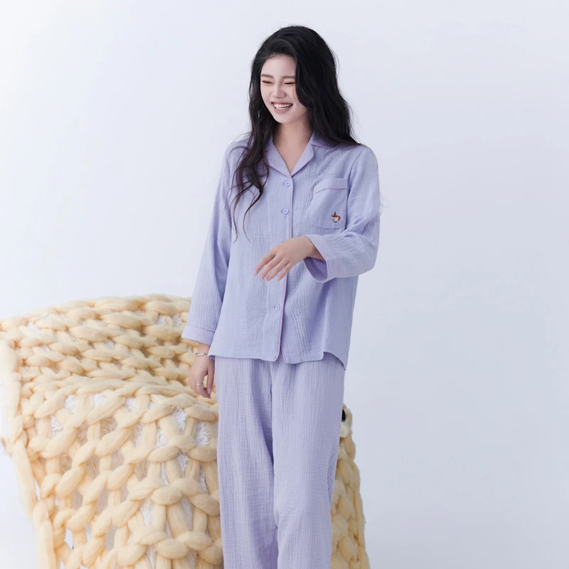 【SC】全棉双层纱刺绣长袖长裤四季家居服套装绉绉纱睡衣居家秋冬