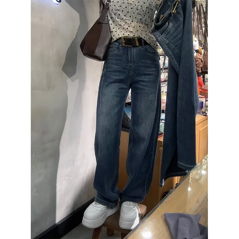 萱贝纯复古百搭显瘦直筒牛仔裤女2025秋冬新款加绒加厚窄版弯刀裤