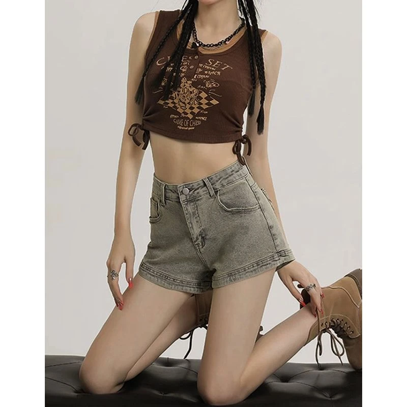 美式复古辣妹高腰牛仔短裤女夏季新款做旧修身显瘦百搭包臀热裤子