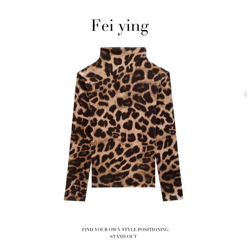 丝绒半高领早秋新款打底时尚气质修身显瘦上衣减龄印花长袖8