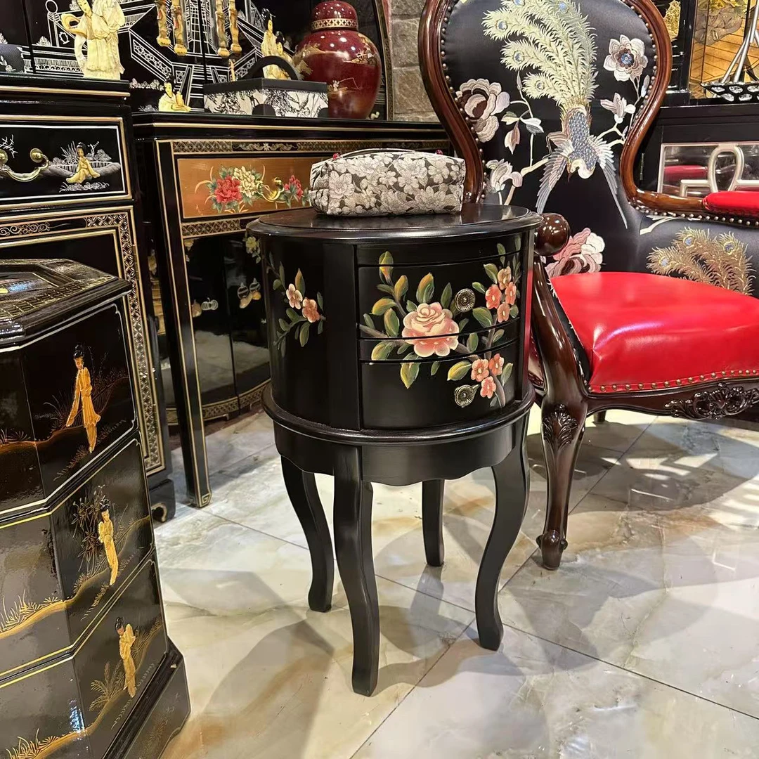 美式小圆几复古法式欧式雕花圆几手绘古典做旧 直径40*67cm手工