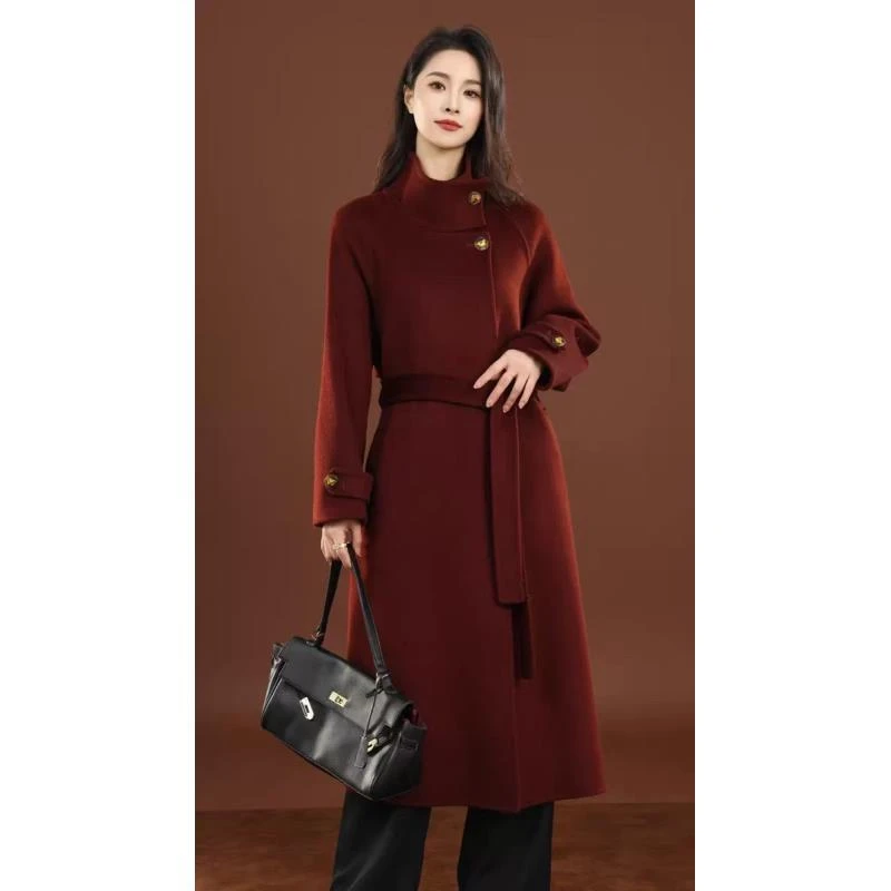 【A901】纯色双面羊绒大衣立领系带收腰过膝长款秋冬大衣