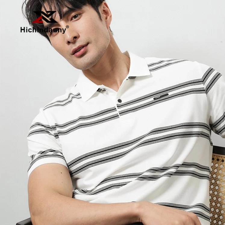 HICHIN男士运动polo衫夏季薄款短袖条纹翻领休闲商务透气t恤上衣