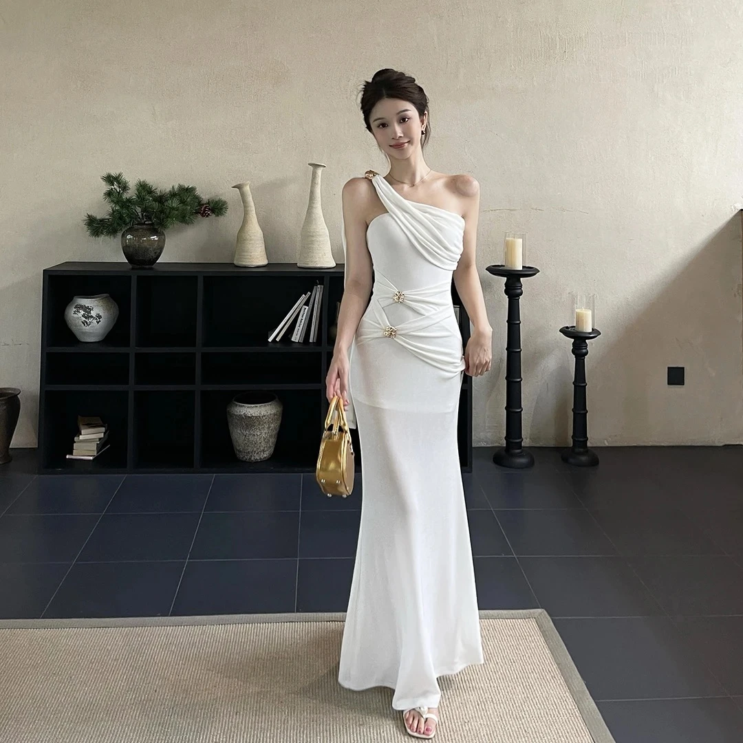 小可WIWI法式气质名媛飘带高级希腊女神感收腰修身斜肩无袖连衣裙