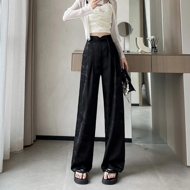 新中式国风夏季薄款宽松显瘦直筒裤女高个子加长裤缎面醋酸阔腿裤