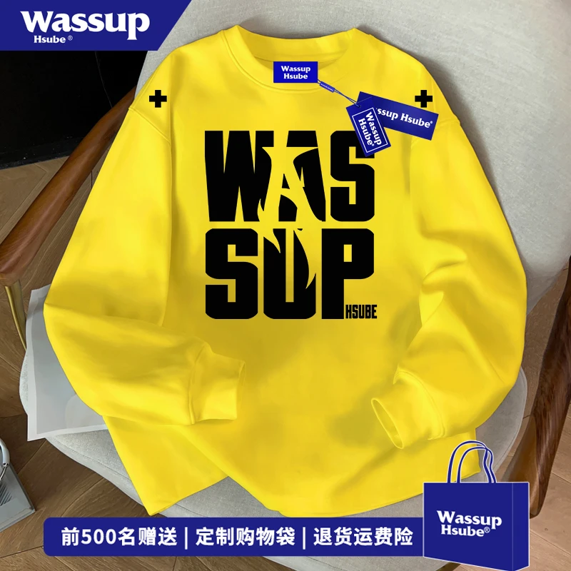 WASSUP HSUBE美式复古宽松情侣圆领上衣男女潮牌字母印花长袖T恤