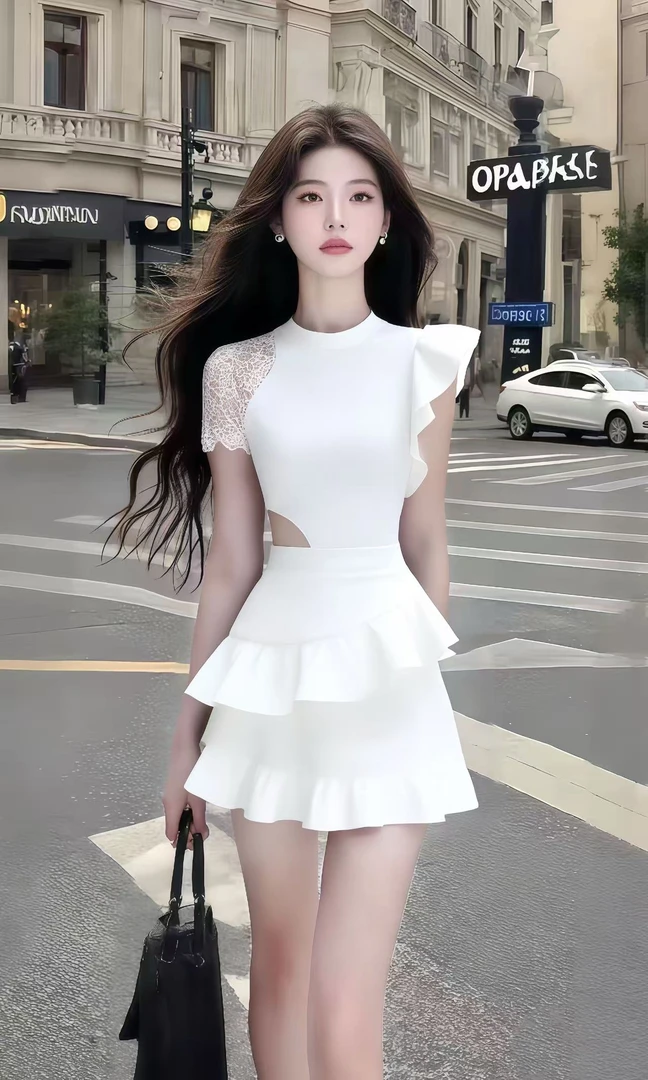 新款时尚轻奢温柔知性风白色圆领修身收腰设计感连衣裙女小众显瘦