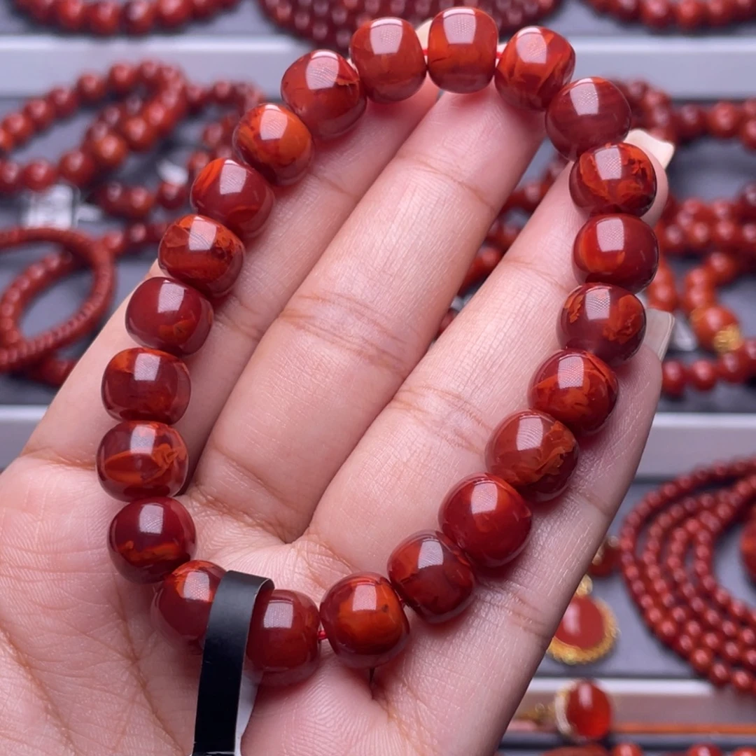 南红玛瑙未镶嵌其他高品10.2mm瓦西牛血红火焰纹老型手串