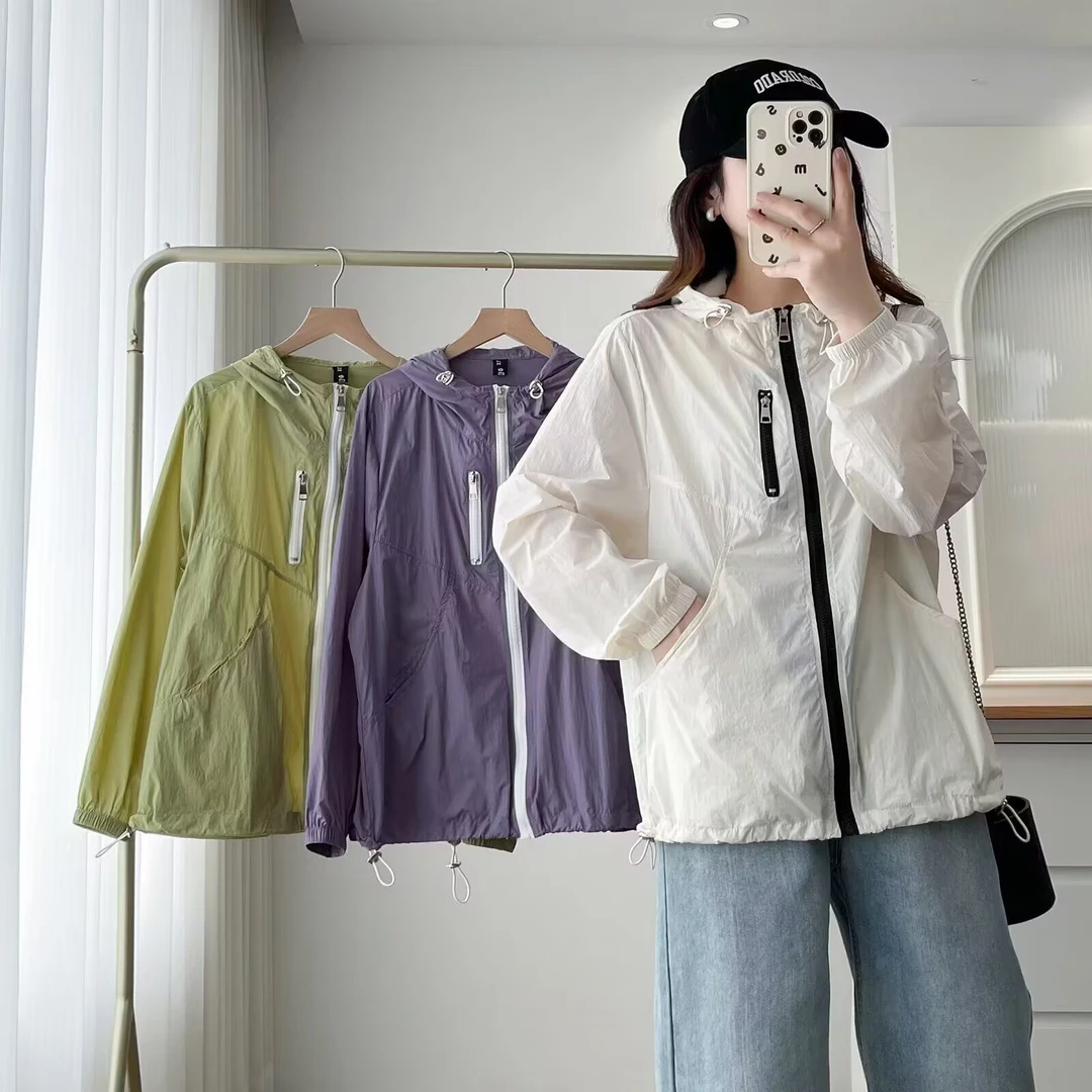 韩版时尚连帽拉链长袖外套女大码2025新款宽松休闲百搭防晒上衣潮