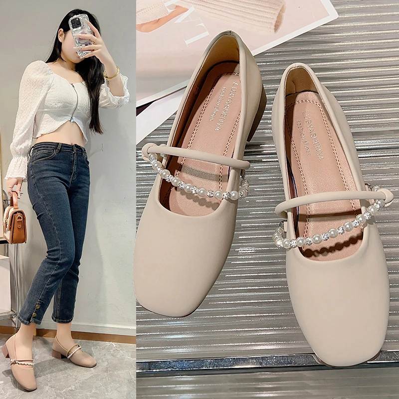 粗跟浅口方头晚晚风单鞋仙女风新中式法式串珠 百搭软底