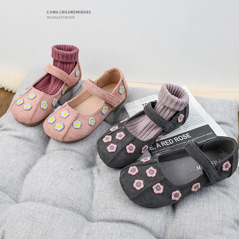 韩版花朵丝绒公主鞋女童2025春秋新款宝宝单鞋软底儿童小皮鞋洋气