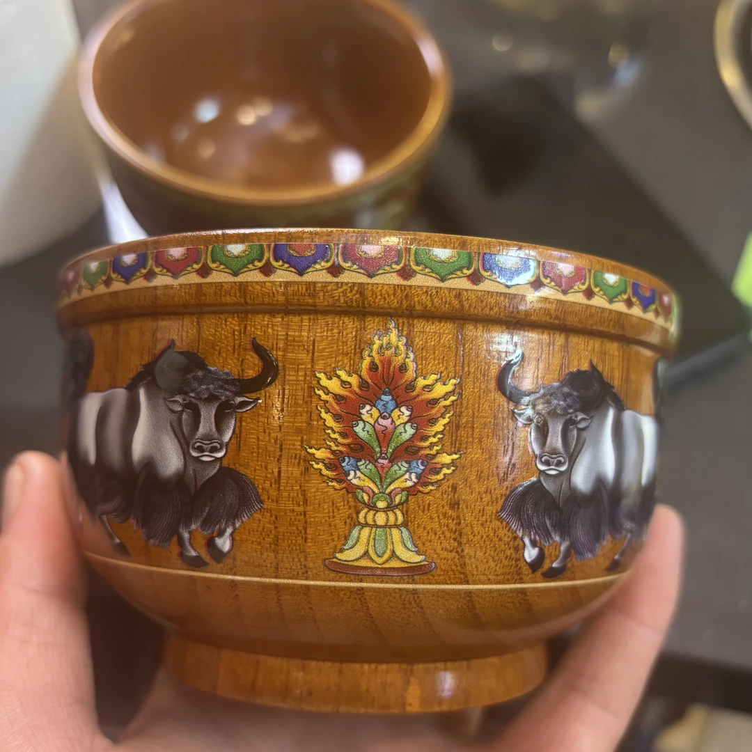 藏式木碗.牦牛图案 口径 11.5