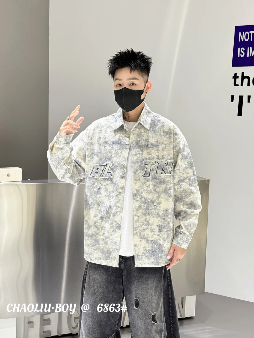 秋季美式复古水洗风潮流时尚「水墨字母扎染印花」长袖衬衫6863