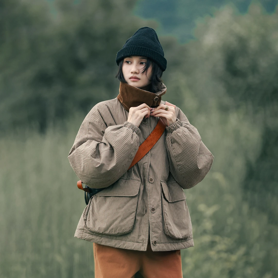 25ZYW799 可以盘的面料 全棉格子宽松保暖棉服女棉袄外套上衣秋冬
