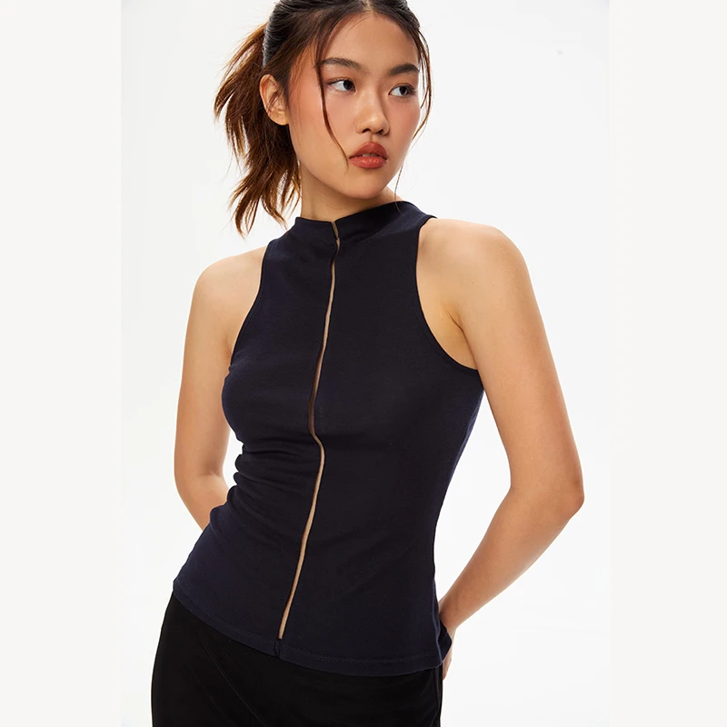 25SSJOEYONO黑标绝美中线分割半透天丝羊毛背心修身显瘦短袖露背