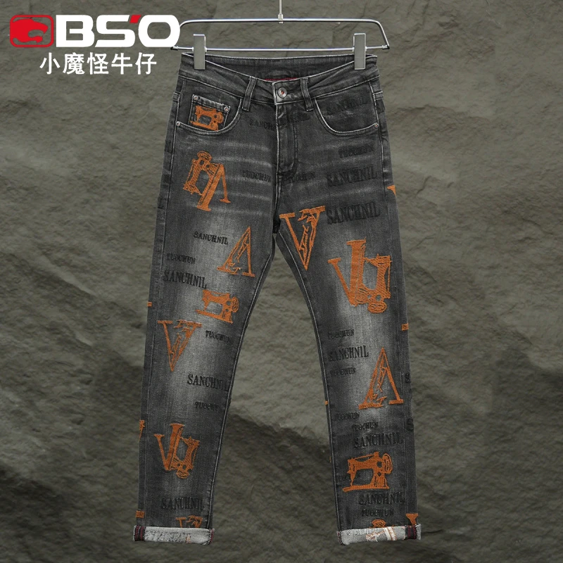 小魔怪2025秋季新款字母刺绣牛仔裤男潮牌修身小直筒绣花长裤子男
