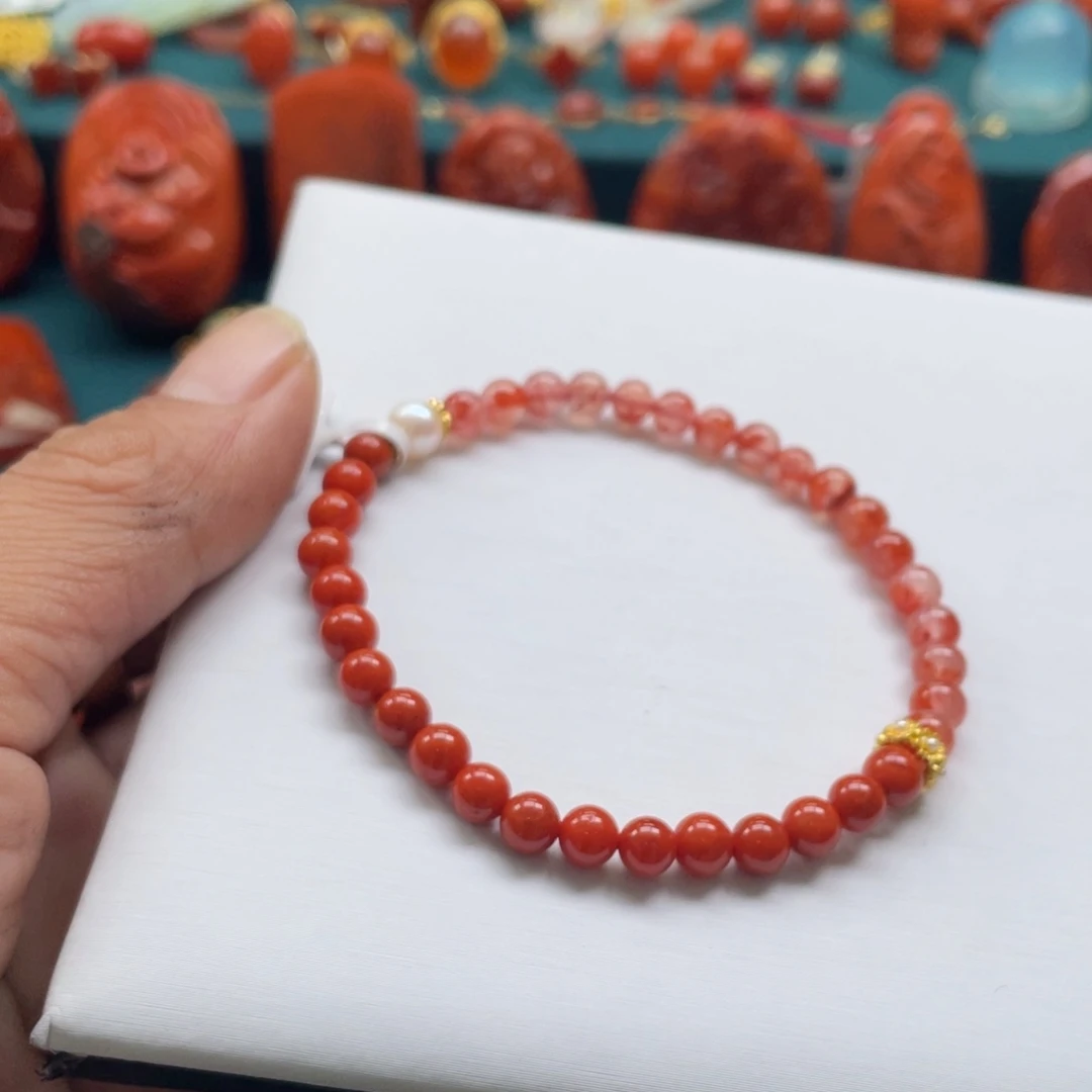 南红玛瑙银S925镶嵌南红半山半水DIY单圈手串5mm