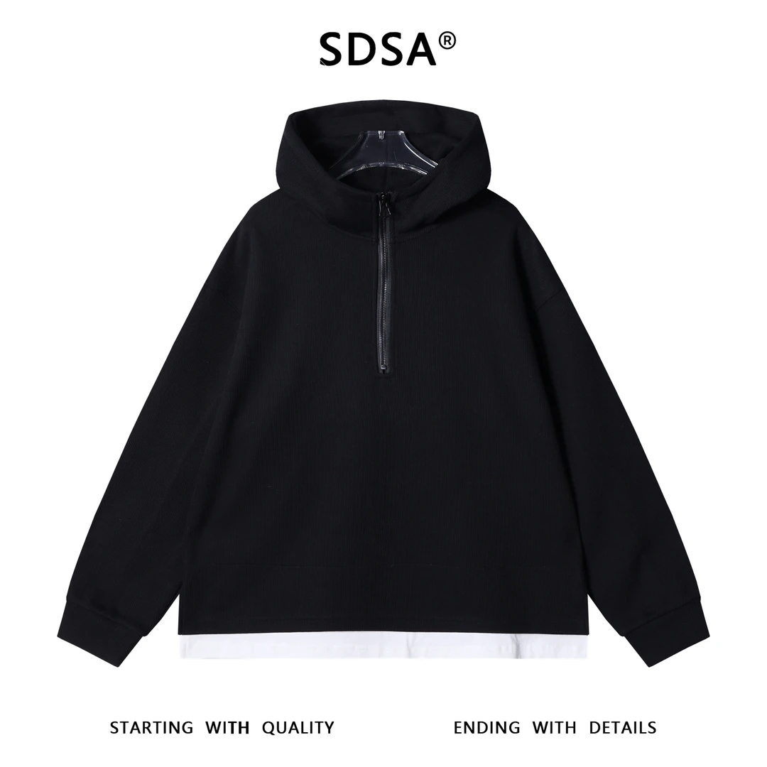 SDSA男士秋冬新款痞帅男装简约半拉链立领连帽假两件卫衣百搭休闲