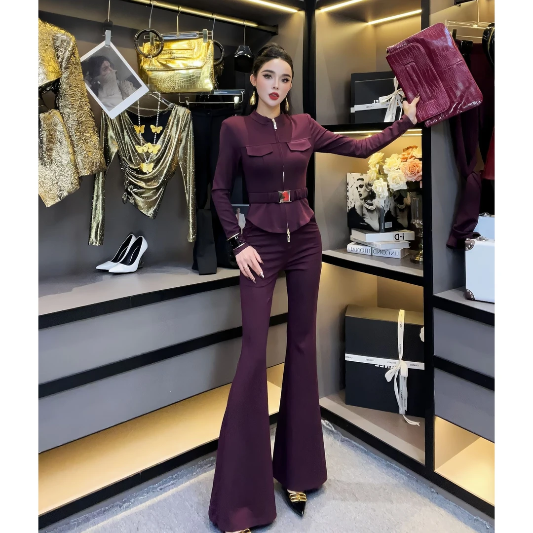 新wss女装-2025新款时尚气质立领收腰御姐上衣高腰微喇裤套装