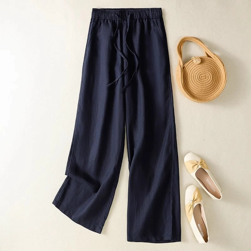 藏青色亚麻阔腿裤女夏季薄款2025新款棉麻九分裤苎麻爆款直筒裤子