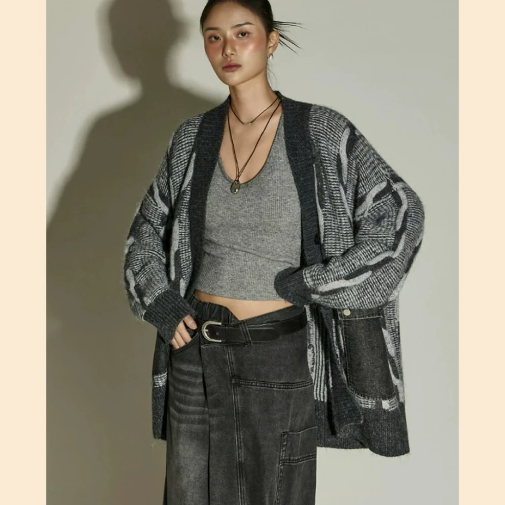 设计师款新牛仔口袋慵懒风厚毛衣外套针织开衫