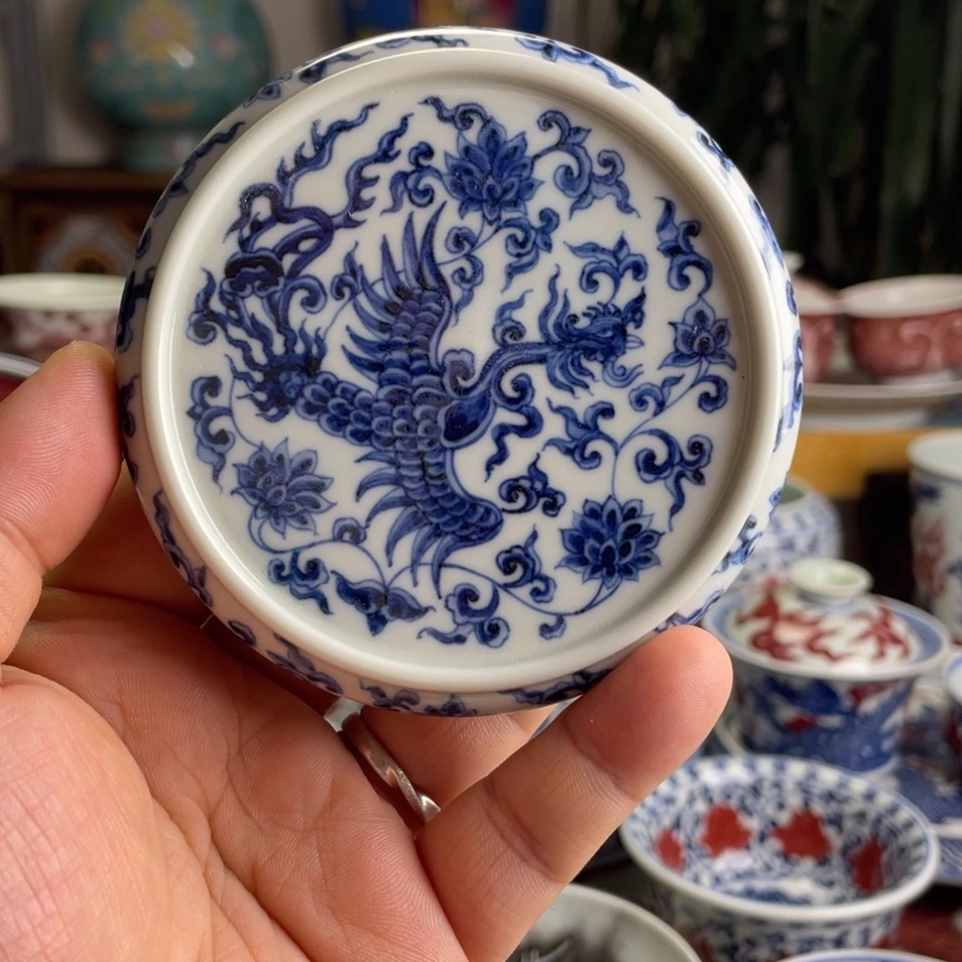 青花缠枝凤凰盖置微瑕
