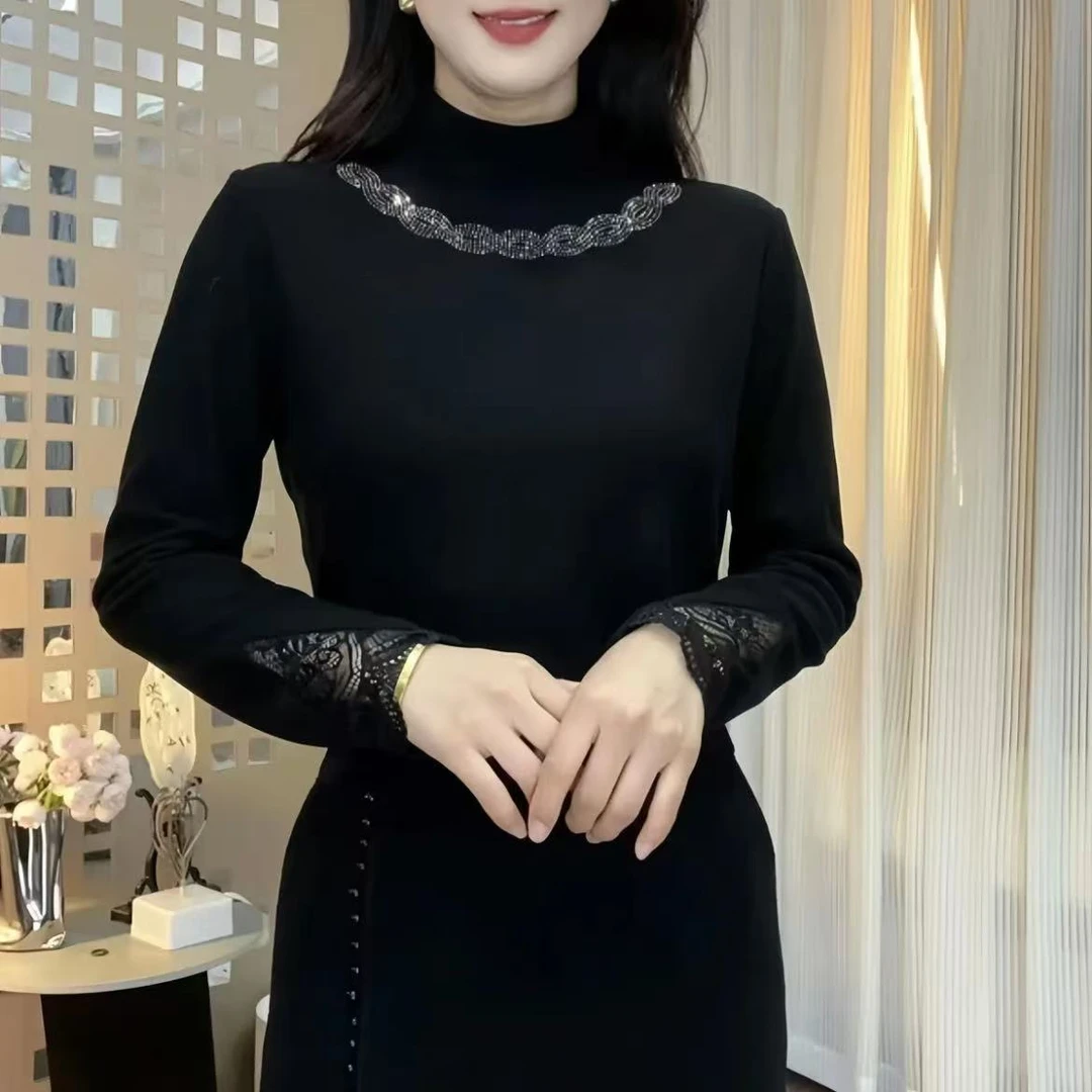 冬季新款女士上衣百搭休闲加绒保暖气质设计感长袖半高领烫钻打底