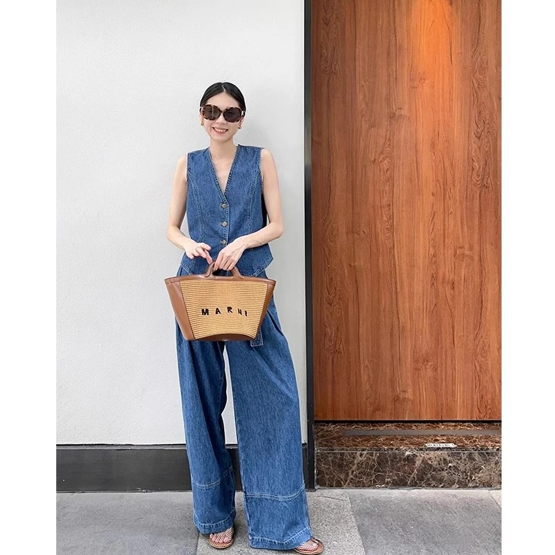 复古减龄炸街短款背心阔腿裤两件套潮牛仔马甲套装女夏季港风穿搭