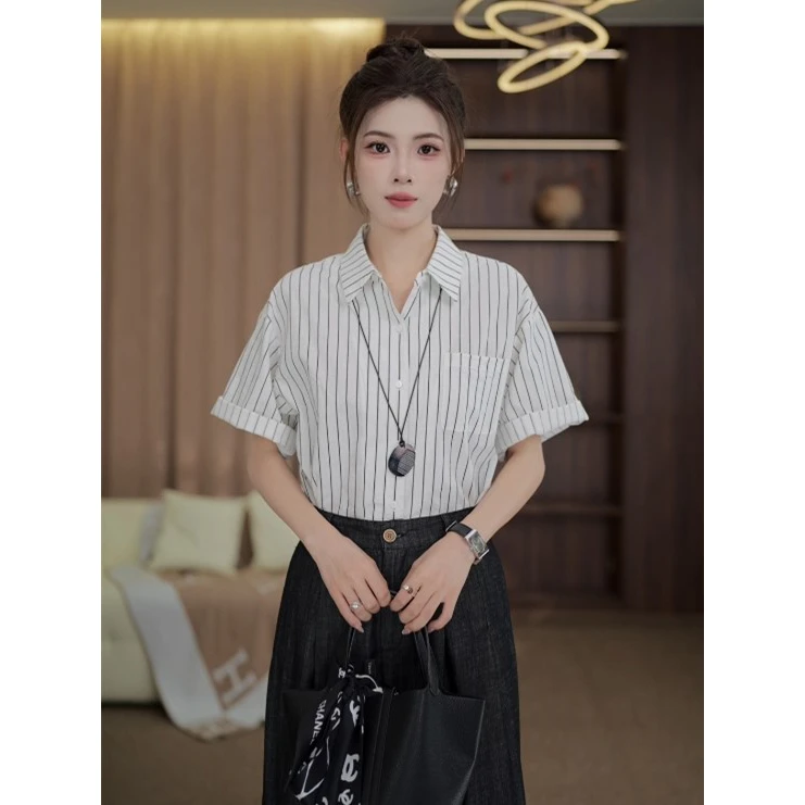TITI定制【港夜沉迷】轻奢气质条纹短袖衬衫宽松显瘦上衣TZ1717559