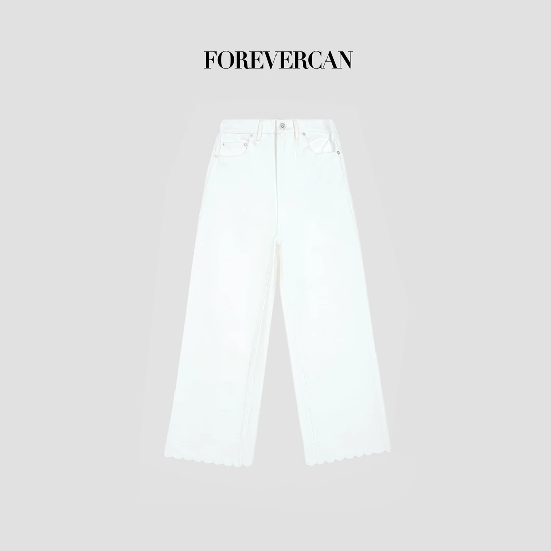 FOREVERCAN“街角游记”高腰直筒花边裤脚九分裤SP18362