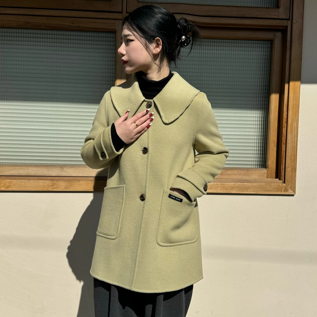 气质简约修身减龄娃娃领双面羊毛大衣外套RY25027566