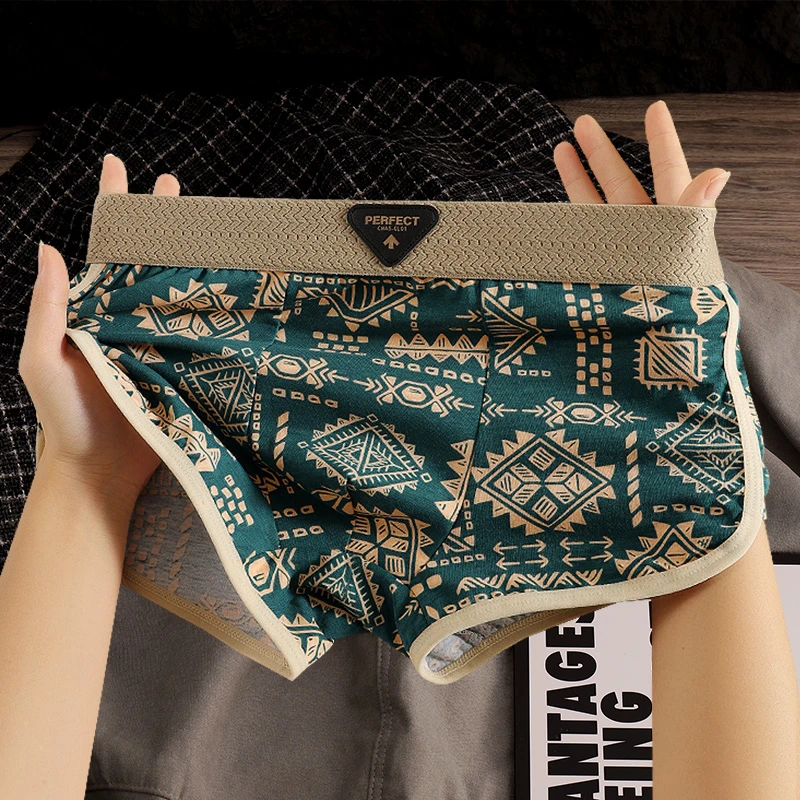 新款男士时尚印花内裤青年个性透气裤头男士中腰四角平角内裤