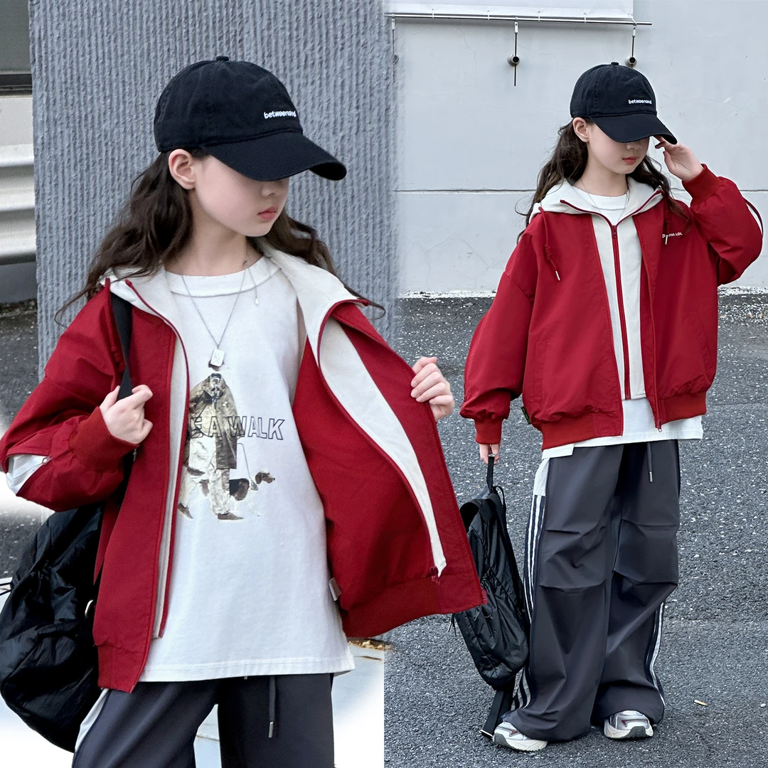 女童外套2025新款红色洋气儿童秋装假两件开衫卫衣女大童连帽上衣