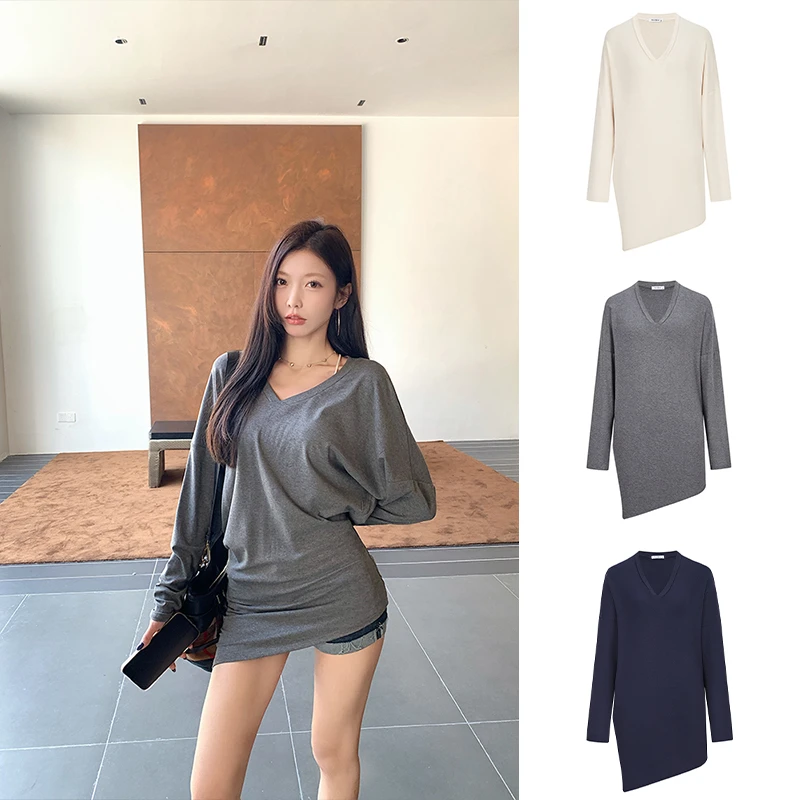 Moses Queen/魔西女王春秋v领蝙蝠袖T恤扭扭堆叠长袖显瘦上衣女