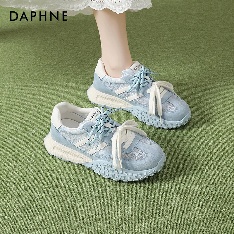 达芙妮蓝色网面德训鞋女夏季2025新款厚底休闲女鞋芭蕾蕾丝运动鞋