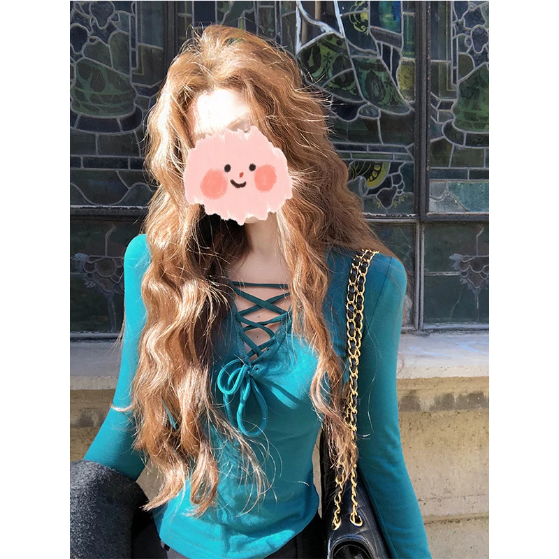 纯欲辣妹系带V领长袖t恤女春秋内搭打底衫设计感小众独特别致上衣