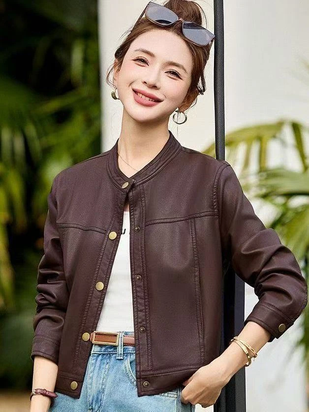 【芊芊佳专属】2025新款春秋短款气质高级感立领女士外套机车皮衣