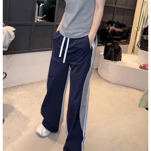 2025夏薄款大码女装条纹拼色阔腿运动休闲裤松紧腰宽松显瘦拖地裤