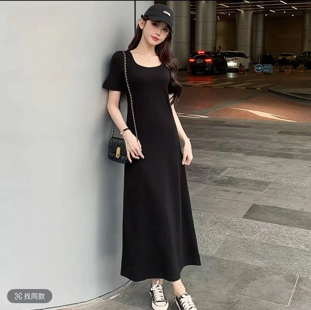 温婉大方时尚宽松休闲慵懒风显瘦长款a字小黑裙