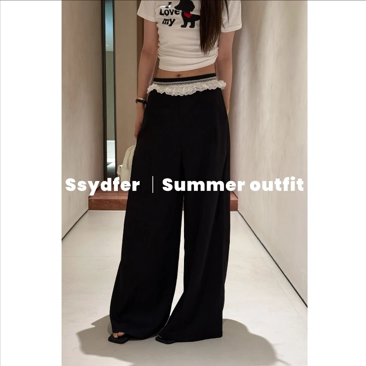 SSYDFER【清冷缪斯】休闲西装裤设计感气质百搭蕾丝拼接时尚