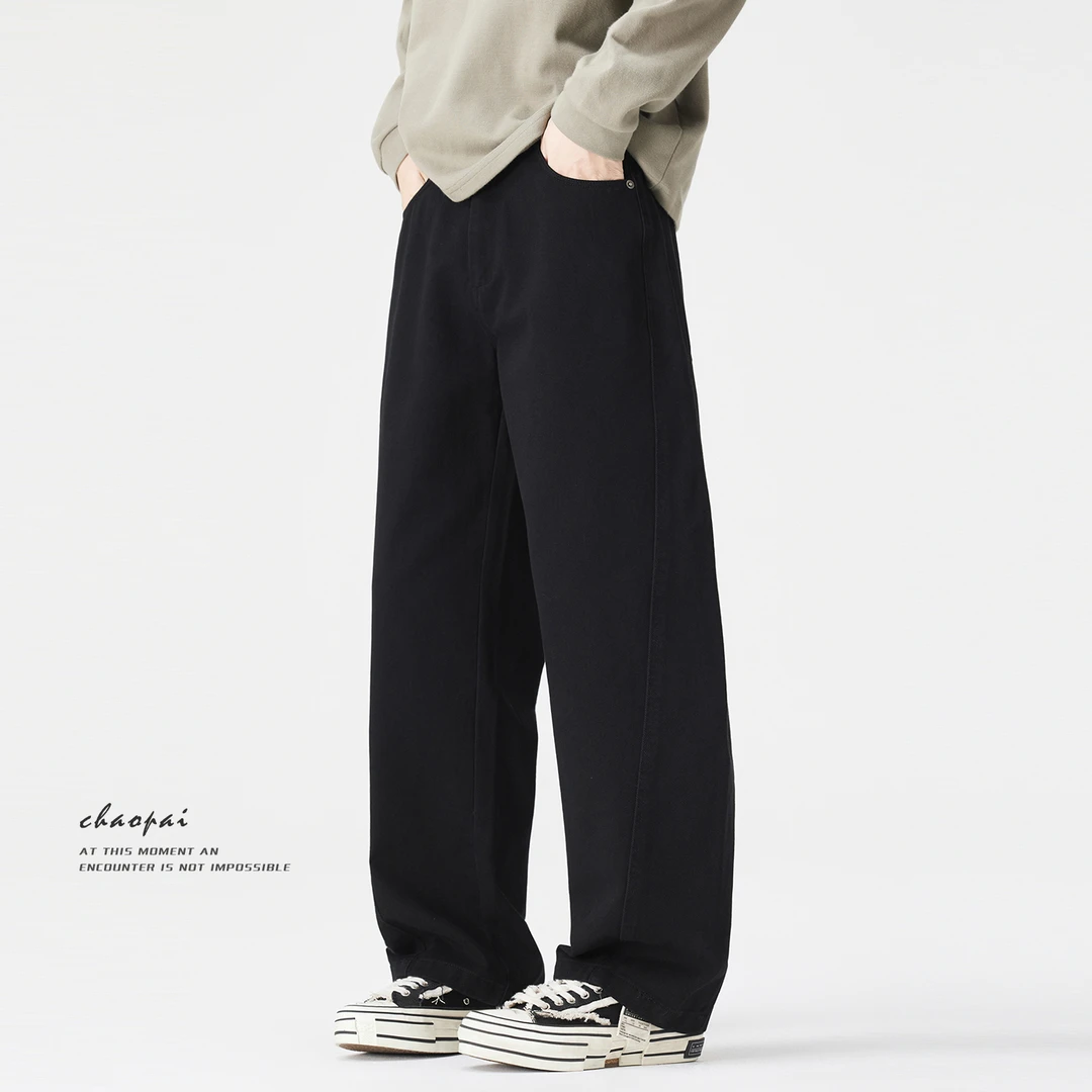 美式复古休闲裤男士秋冬新款宽松阔腿裤子纯棉加绒拼接直筒长裤潮