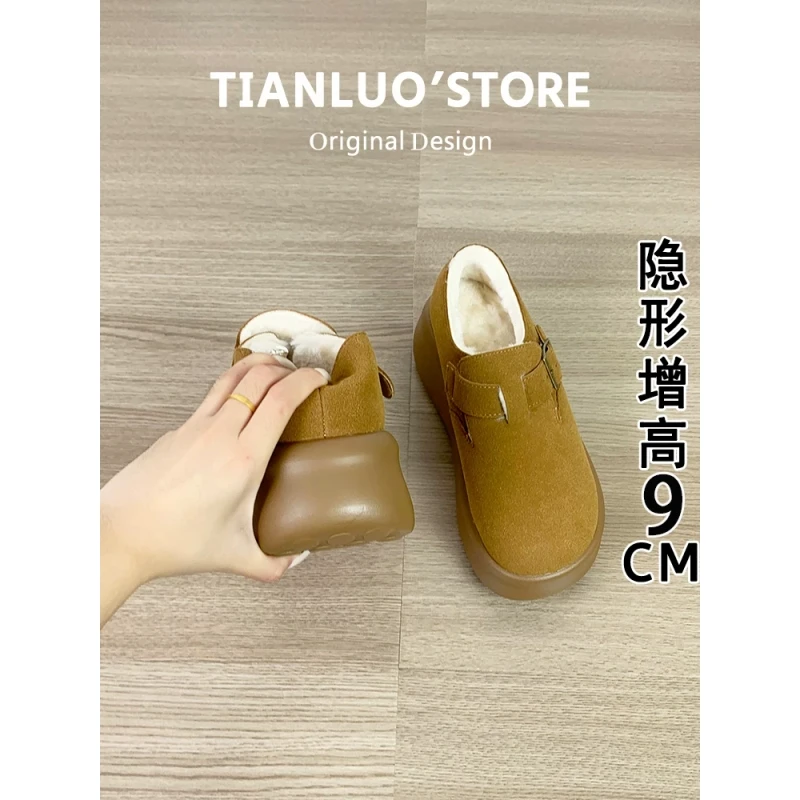 内增高加绒勃肯鞋女冬2025新款一脚蹬大头单鞋全包厚底博肯豆豆鞋