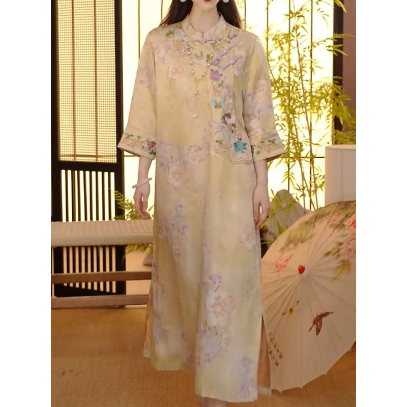 小众文艺风盘扣立领国风夏季连衣裙夏装新款轻奢印花七分袖A字裙