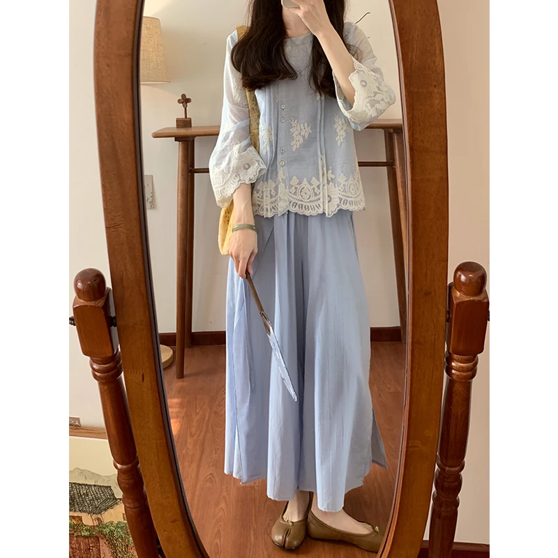 2025夏季新款新中式松弛感花卉刺绣衬衫上衣百搭阔腿裤气质两件套