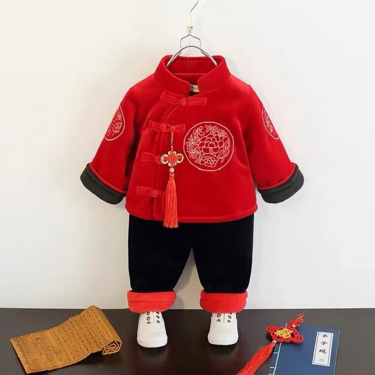 中国风偏襟新年套装 加绒夹棉宝宝拜年服 上衣+裤子