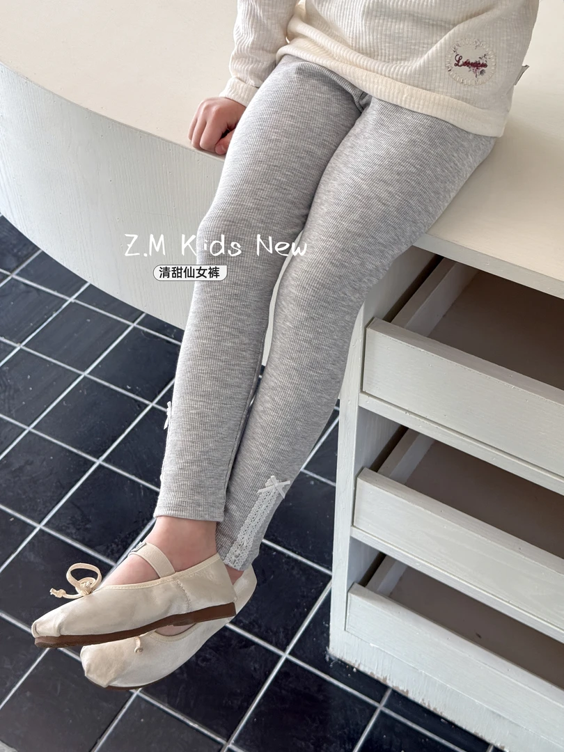 【清甜仙女裤】2025春甜美结蕾丝拼接弹力休闲裤女童打底裤G-12389