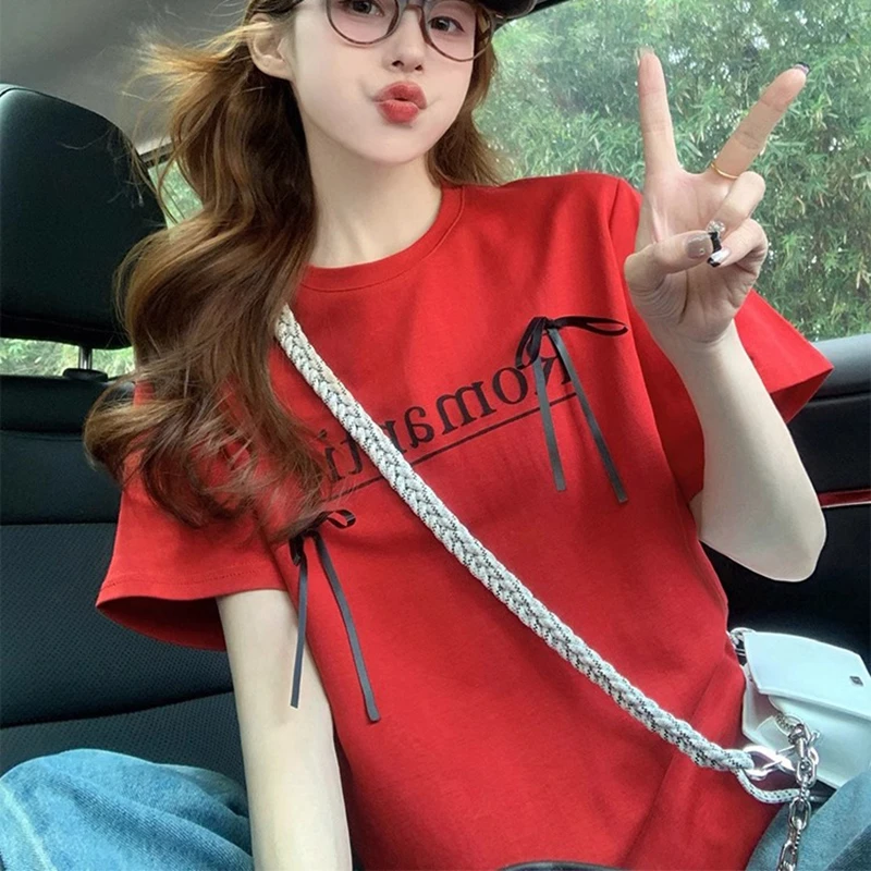 2025新款夏季蝴蝶结红色短袖t恤女设计感甜美字母设计感正肩上衣