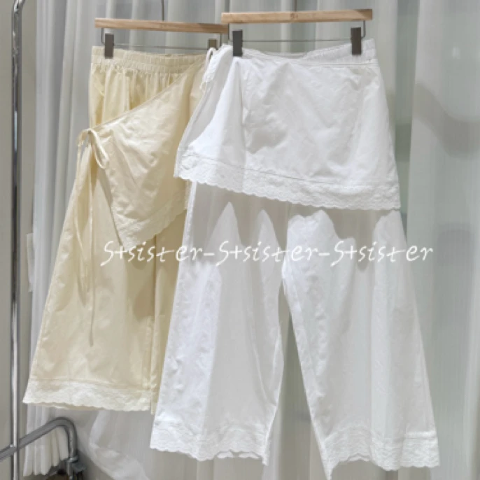 夏季女款假两件蕾丝拼接高腰宽松阔腿休闲长裤86668